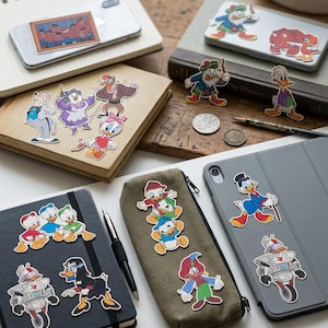 May include: A collection of colorful stickers featuring various cartoon characters, including ducks and other figures. The stickers are placed on notebooks, a pencil case, and a tablet, creating a playful and artistic arrangement. The stickers are in various sizes and shapes.