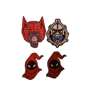 May include: Four embroidered patches featuring characters from the Thundercats cartoon. The patches are red, blue, and black. The characters include Lion-O, Mumm-Ra, and two Snarfs.