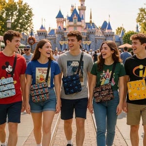 Puede incluir: Un grupo de personas caminan frente a un castillo, cada uno con una camiseta temática y una bandolera. Las bolsas presentan varios diseños de personajes de Disney, incluyendo Mickey Mouse, Winnie the Pooh y Los Increíbles.