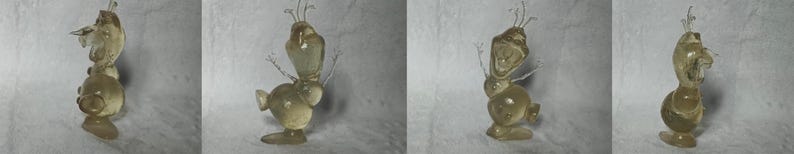 Puede incluir: Una figurita de pl&aacute;stico transparente de Olaf de la pel&iacute;cula Frozen. La figurita est&aacute; en una pose de pie con los brazos levantados y una amplia sonrisa.
