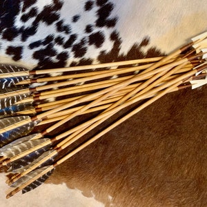 May include: A bundle of wooden arrows with fletching and white tips, arranged on a brown and white cowhide background.