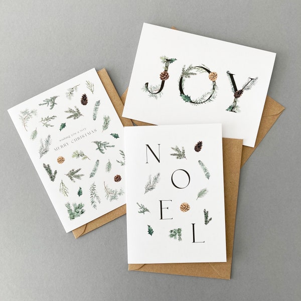 6 Winter Foliage Christmas Cards ~ Botanical Design Mixed Pack ~ Recycled Card ~ Plastic Free Packaging ~ Eco Friendly