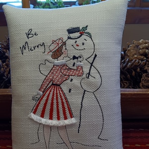 Christmas Lady with Fringe Skirt with Mr. Snowman SMALL Christmas Pillow  Approximately 7" x 10" Machine Embroidered