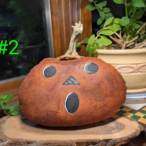 May include: A round, textured, orange-brown pumpkin with a dried stem and a hand-painted face featuring two circular eyes, a triangular nose, and an oval mouth. The pumpkin is marked with the green text #2 on the left side.