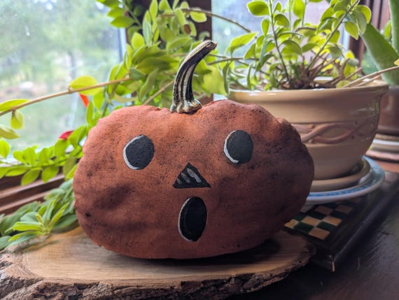 Miss Pollyanna Handmade Pumpkin with real stem. Approximately 8" and 7" with stem and cinnamon coating. Unique
