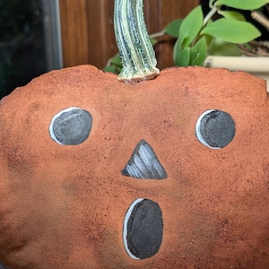 May include: A plush pumpkin decoration made of textured, rust-coloured fabric with a painted face featuring two round black eyes, a triangular nose, and an oval mouth. A realistic, light green, ribbed pumpkin stem is attached to the top.