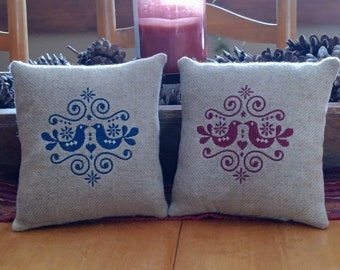 PRIMITIVE Small Folk Art pillows Navy Blue or Cranberry Red - Approximately 6" X 6" - Machine Embroidered -