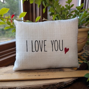 I love you Small PILLOW with cranberry red heart - Approximately 6&quot; x 8&quot;  - Machine embroidered-