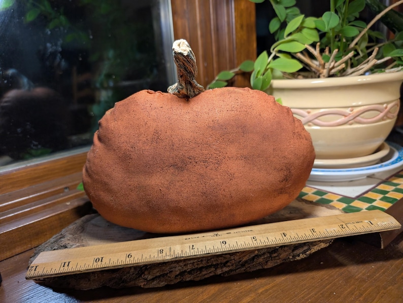 May include: A terracotta-coloured fabric pumpkin with a textured surface and a realistic stem. A wooden ruler is placed in front of the pumpkin, showing it measures approximately 25.4 cm in width.
