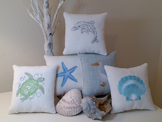BEACH Tier Tray Decor Small Pillows  Approximately  6" X 6"   Machine Embroidered