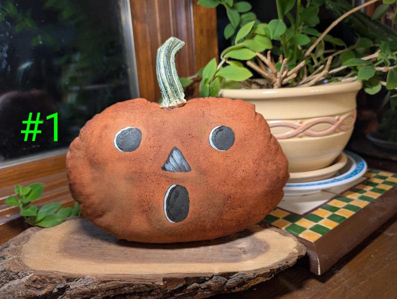May include: A plush pumpkin decoration with a textured brown fabric surface, a green stem, and a hand-painted face featuring two round eyes, a triangular nose, and an oval mouth. The number #1 is printed in bright green on the left side.