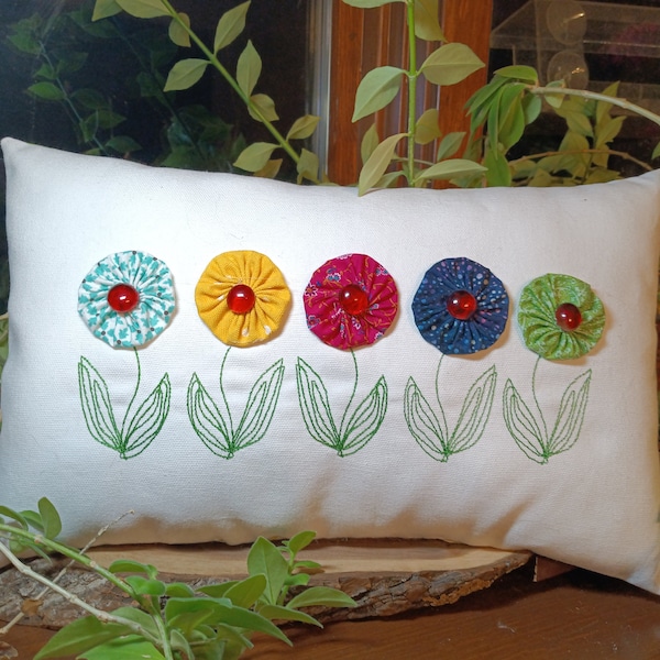 Five Yo Yo Flowers Colorful Rectangle PILLOW - Approximately 15" x 10"  Machine Embroidered