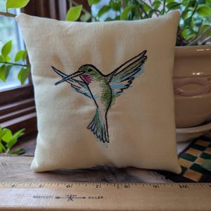 Beautiful Hummingbird on pale Yellow fabric.  Small Tier Tray PILLOW   - Approximately 6&quot; x 6&quot;  Machine Embroidered -