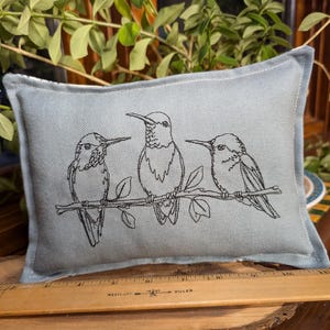 Three Hummingbirds on light blue SMALL PILLOW - Approximately 7" x 10"  Machine Embroidered