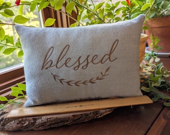 BLESSED Small Light Blue Pillow Approximately 7" x 11" Machine Embroidered