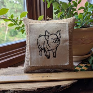 Pig  SMALL Tier Tray Burlap Pillow - Approximately 6&quot; X 6&quot;  - Machine embroidered -
