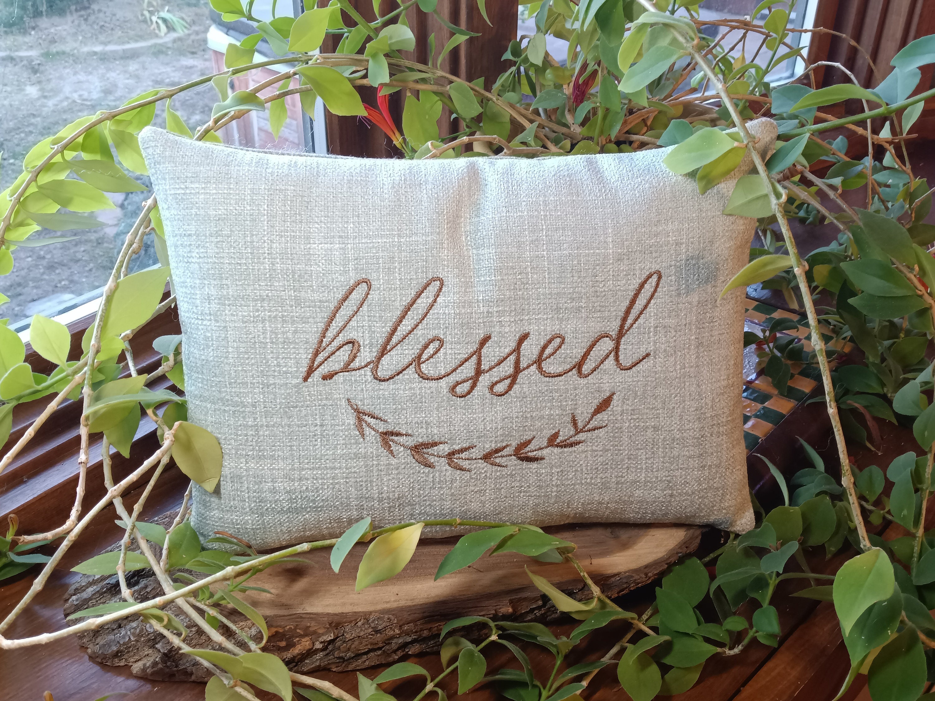 Rectangular Blessed Pillow | Beige Lumbar Pillow | Rectangular Pillow |  Handmade in the USA | Shop Small - Shop Personal