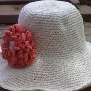 Wide brimmed Cotton Crochet Sunhat with Tangerine Flower image 1