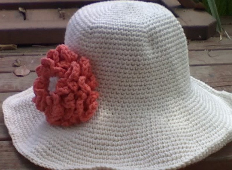 Wide brimmed Cotton Crochet Sunhat with Tangerine Flower image 1