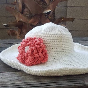 Wide brimmed Cotton Crochet Sunhat with Tangerine Flower image 2