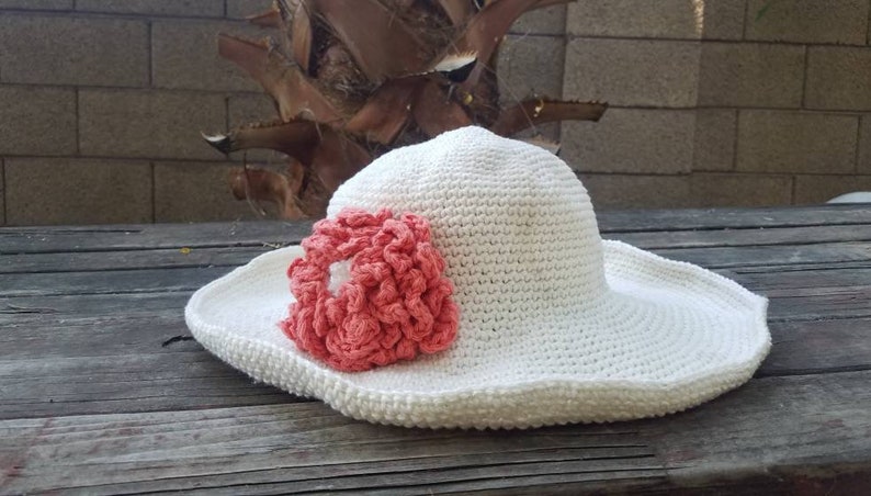 Wide brimmed Cotton Crochet Sunhat with Tangerine Flower image 2