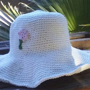 Large Women's Sun Hat with Irish Crochet Floral Motif; 100% cotton; wide brim; beach; summer