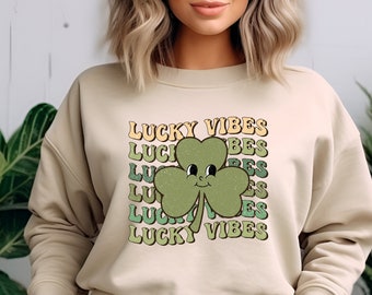 Lucky Vibes - funny joke novelty St Patrick's day gift sweater sweatshirt jumper - sand - Irish 4 leaf clover design