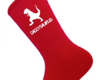 Daddysaurus print mens red socks - father's day dino dinosaur design white print
