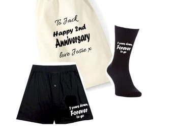 Personalised mens boxers/socks set-2 years down forever to go with gift bag 2nd anniversary cotton gift mens socks groom wedding your names