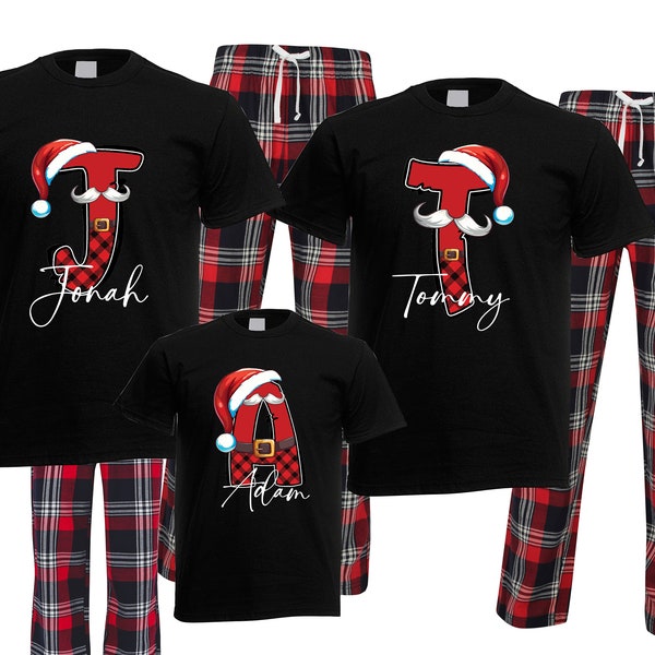 Personalised family matching xmas pjs pyjamas festive - your name Santa initial design - red AND NAVY check tartan plaid, short sleeves