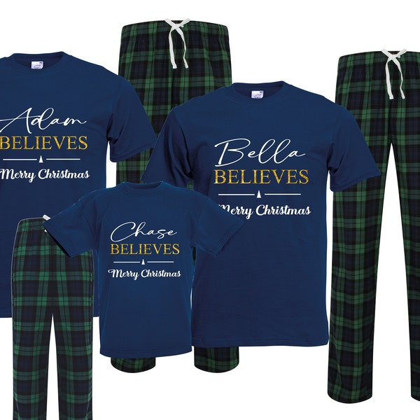 Personalised family matching xmas pjs pyjamas festive - your name believes GLITTER design - green check tartan plaid, short sleeves