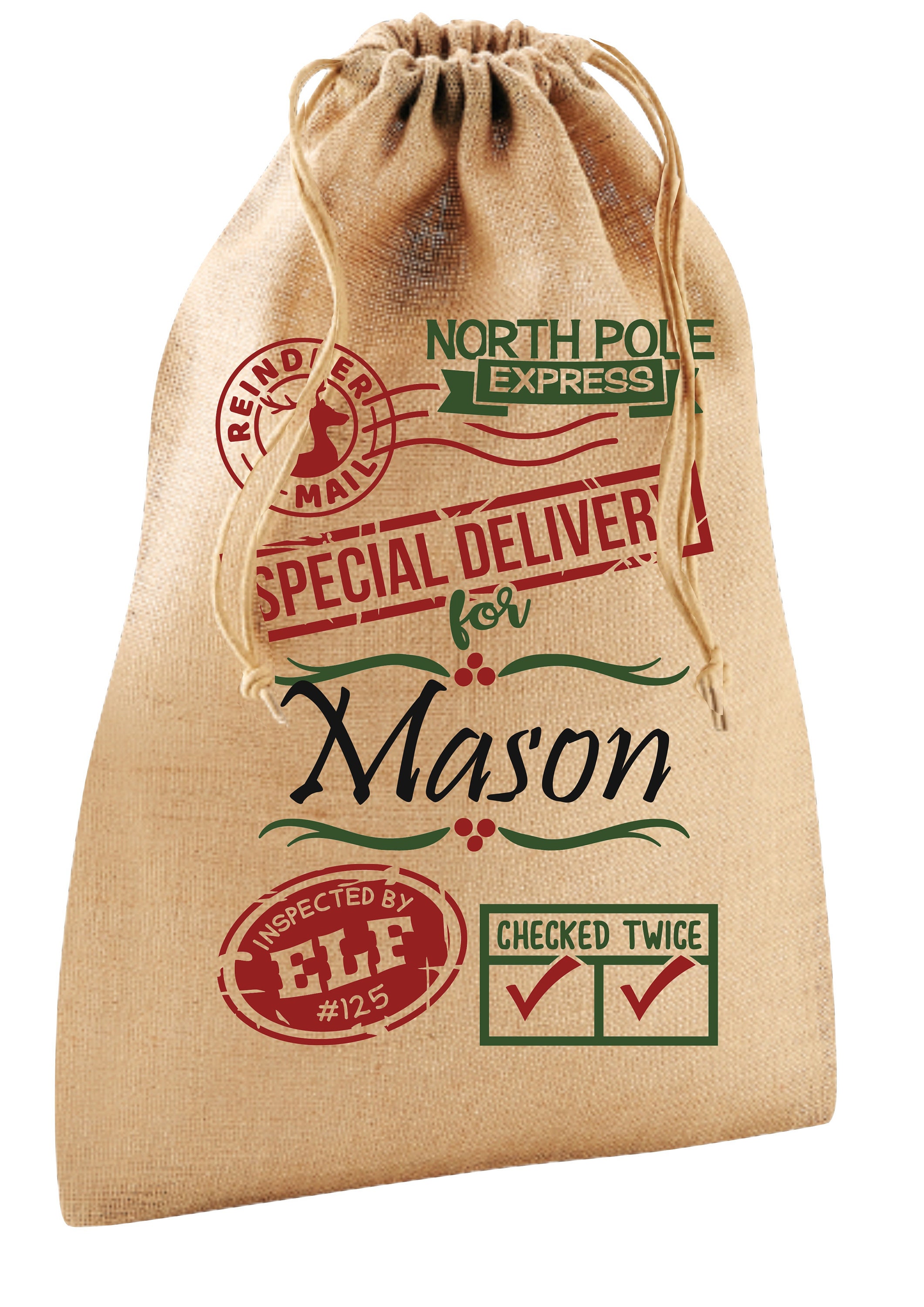 Personalised JUTE santa sack - North Pole express design christmas eve xmas presents gift bag