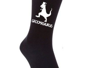 Groomasaurus  print mens black socks - wedding day married groom dino dinosaur top hat design