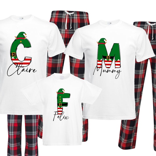 Personalised family matching xmas pjs pyjamas festive - your name elf initial design - red check tartan plaid, short sleeves