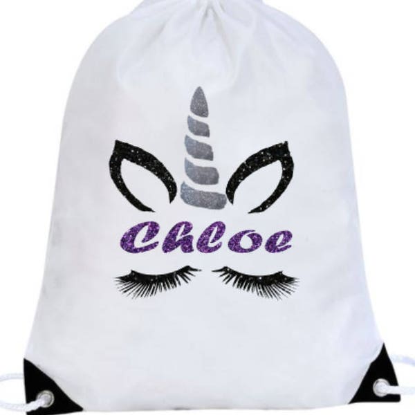 Glitter unicorn face with eyelashes Personalised kids gym bag school bag pe bag - - your name - sparkle design