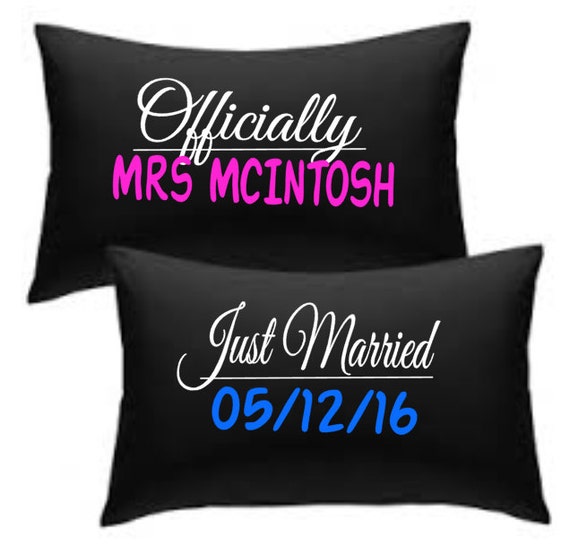 just married wedding date print pillowcase set white your name Officially Mrs 