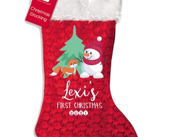 Personalised your name&#39;s first 1st xmas christmas stocking - snowman, tree, fox design