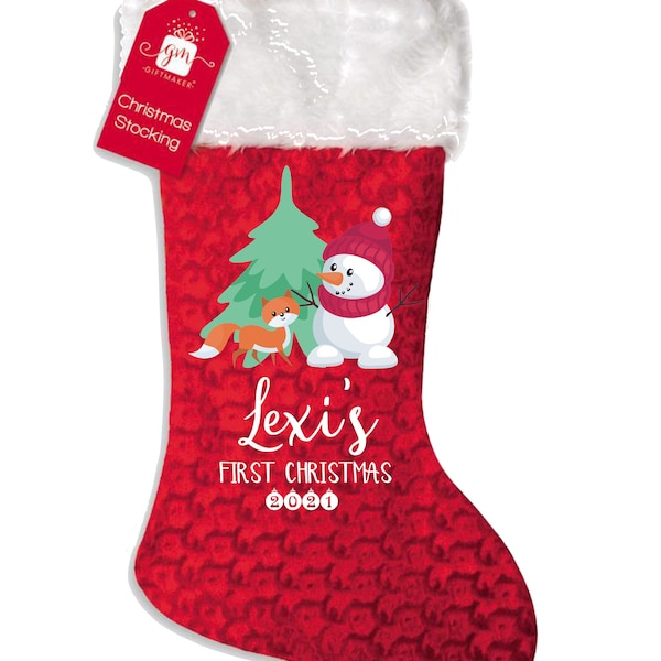 Personalised your name's first 1st xmas christmas stocking - snowman, tree, fox design