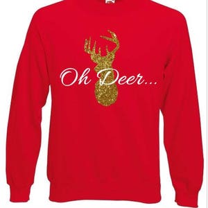 Oh ciervo broma gracioso purpurina reno estampado damas navidad jersey suéter suéter sudadera feo jersey