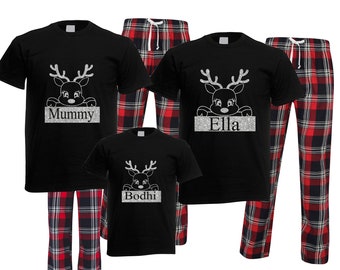 Personalised family matching xmas pjs pyjamas festive - your name Rudolph reindeer GLITTER design - red check tartan plaid, short sleeves