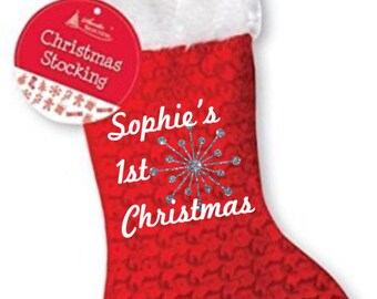 Personalised your name&#39;s first 1st xmas christmas stocking glitter snowflake sparkle baby