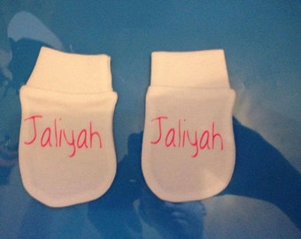 Personalised (your name) print baby scratch mittens