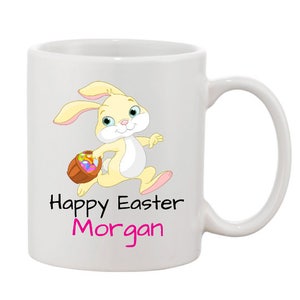 Personalised kids boys girl Easter bunny your name mug Happy Easter pink blue