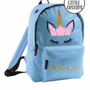 Licorne à paillettes personnalisées nom des enfants sac à dos, sac à dos, cartable - bleu pâle