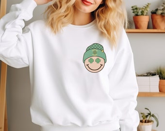 Happy go lucky - style funny joke novelty St Patrick's day gift sweater sweatshirt jumper - black- Irish 4 leaf clover design