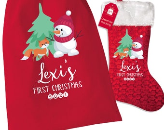 Personalised your name's first 1st xmas christmas stocking & Santa sack set - snowman, tree, fox design