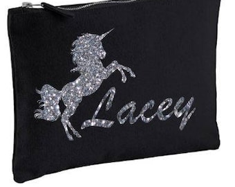 Glitter unicorn personalised your name print canvas make up bag M  cute, gift, wedding date, bride, married, sparkle