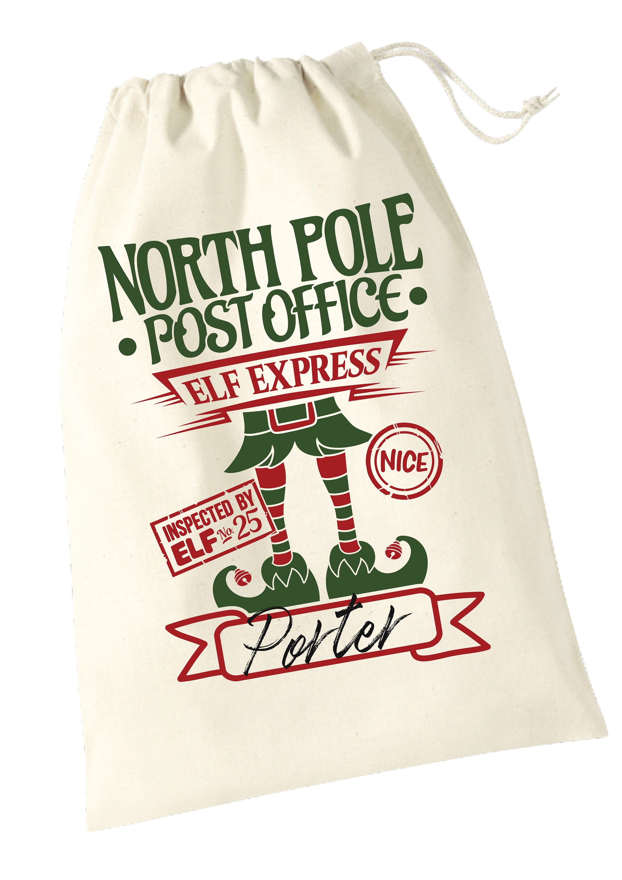 Personalised santa sack - North Pole, Elf Express design Christmas eve, xmas presents, gift bag