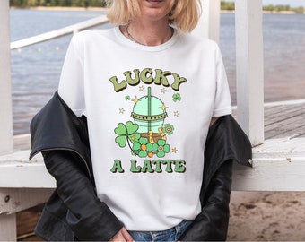 Lucky a latte - slogan top with lucky 4 leaf clover design t-shirt top tee shirt  gift funny joke novelty St Patrick's Day coffee design