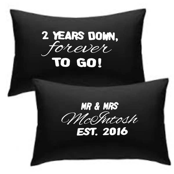 Personalised pillowcase pair set-2 years down forever to go 2nd anniversary cotton gift wedding bride groom your name and date
